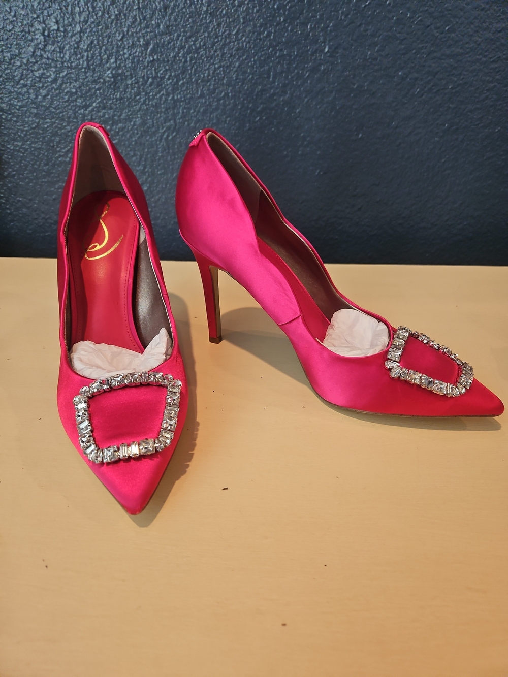 NWOB Sam Edelman Hot Pink Satin Pointed Toe Heels with Crystal Buckles